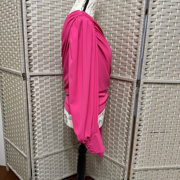 Amanda Uprichard BEXLEY One Shoulder Blouse Size L Lacquer Pink Long Sleeve Tie - Picture 2 of 11